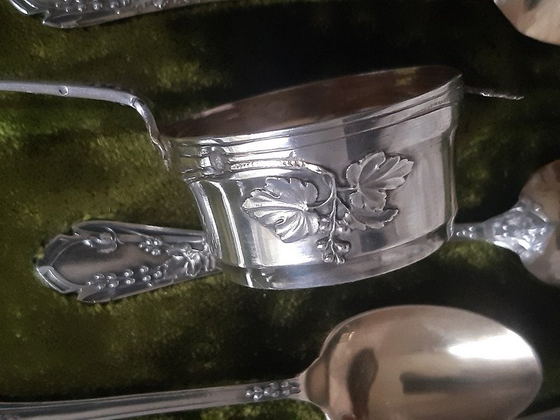 Gaston Bardiès 1897 / 1914 Très Beau Nécessaire à Thé Café En Argent Massif Et Vermeil, 12 Petites Cuillères, Passe-thé et pince à sucre Art nouveau-photo-4