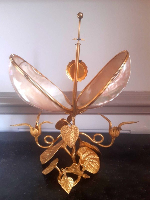 Spectacular Shell And Water Lilies Watch Holder In Gilt Bronze And Mother Of Pearl Napoleon III Period-photo-1