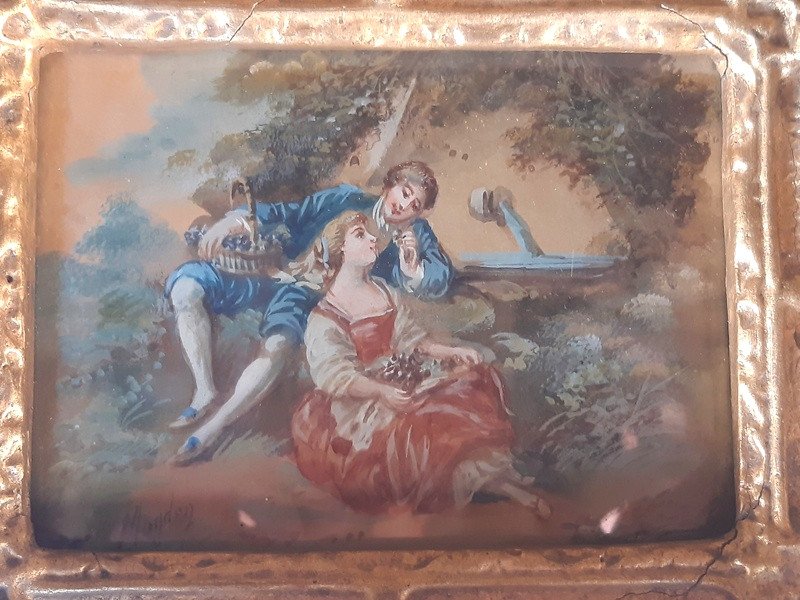 Charming Miniature Watercolor Representing A Young Woman And A Young Man Galante Past Scene (1)-photo-1
