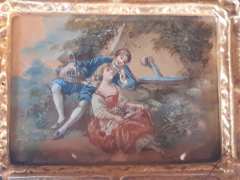 Charmante Aquarelle Miniature Représentant Une Jeune Femme Et Un Jeune Homme Scène Galante Pastorale (1)-photo-1