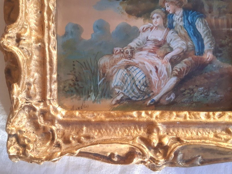 Charming Miniature Watercolor Representing A Young Woman And A Young Man Galante Past Scene (2)-photo-2
