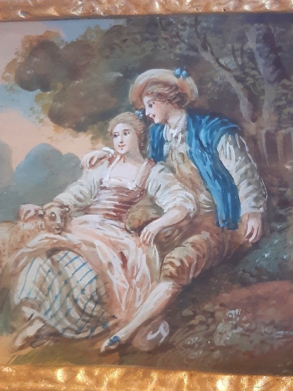 Charmante Aquarelle Miniature Représentant Une Jeune Femme Et Un Jeune Homme Scène Galante Pastorale (2)-photo-3