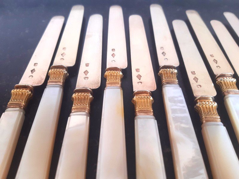 Cardeilhac Lovely Suite Of 11 Dessert Knives In Vermeil And Mother-of-pearl Period 1819-1838-photo-2