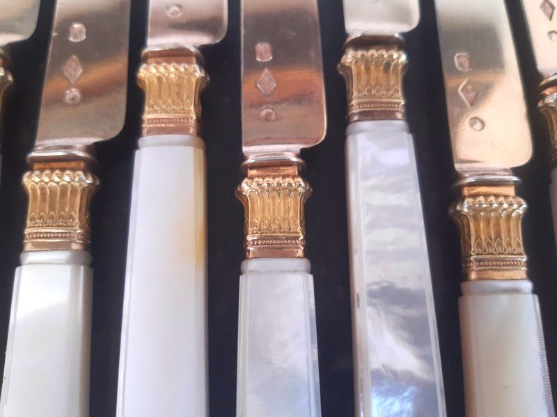 Cardeilhac Lovely Suite Of 11 Dessert Knives In Vermeil And Mother-of-pearl Period 1819-1838-photo-3