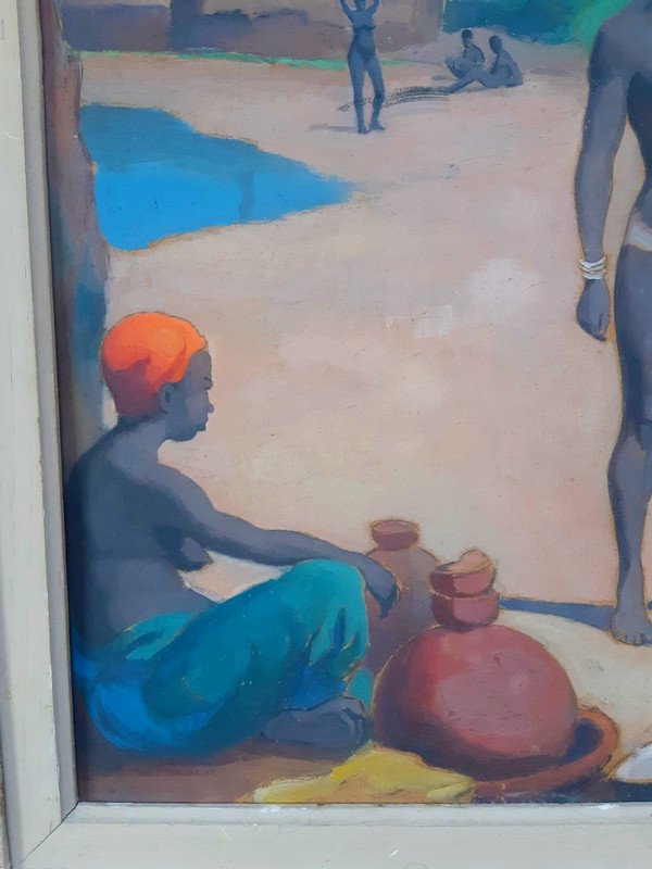 Emile Contrault (1881-1945) Beautiful Africanist Painting From The 30s African Village  Colonial Exhibition Of 1931 In Paris-photo-1