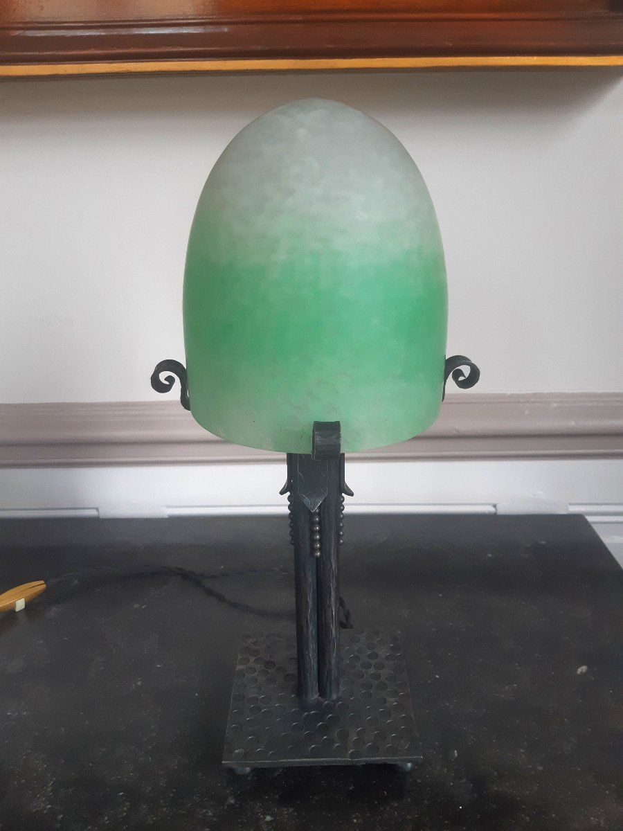 Table Or Desk Lamp In Wrought Iron With Its Art Deco Period 1930 Shell Globe