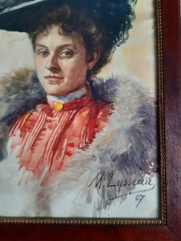 Madeleine Duteillet Née Lusseau Jeune Femme élégante Au Chapeau Aquarelle 1900 Art Nouveau Belle époque-photo-2