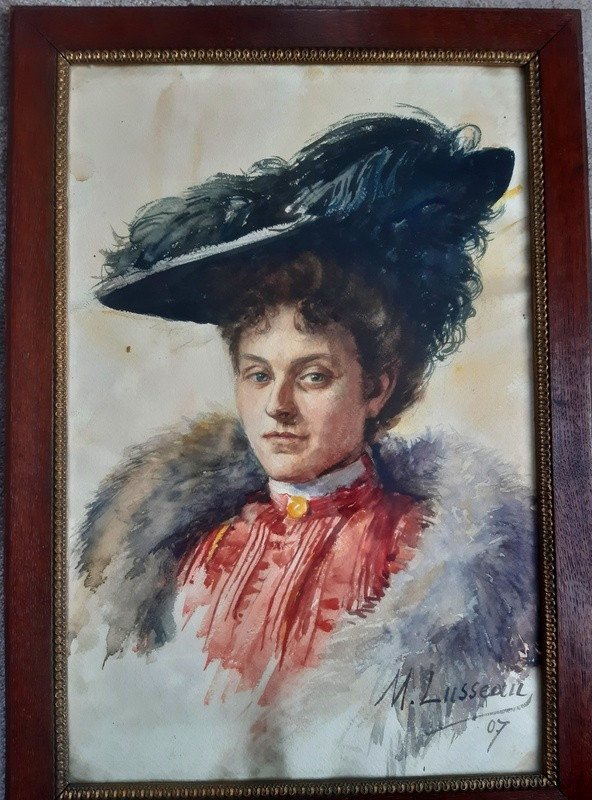 Madeleine Duteillet Née Lusseau Jeune Femme élégante Au Chapeau Aquarelle 1900 Art Nouveau Belle époque-photo-4