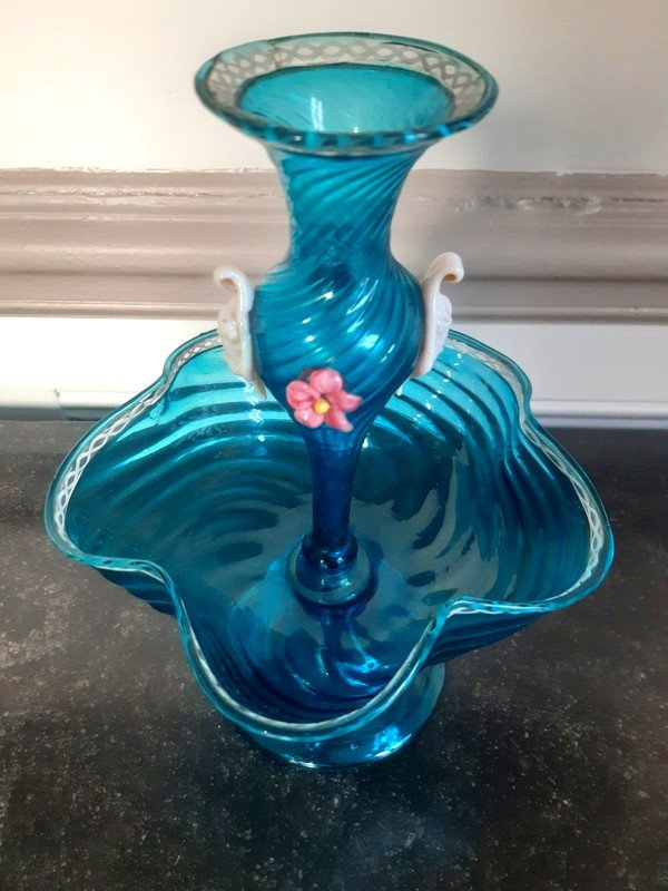 Magnifique Et Rare Coupe Baguier Vide Poche Formant Vase soliflore porte bouquet Au Centre En Verre Bleu De Murano-photo-2