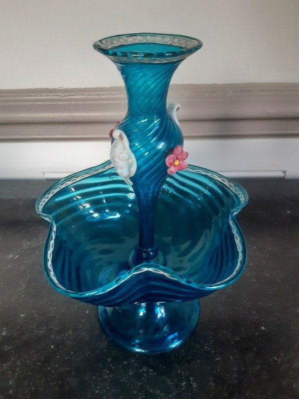 Magnificent And Rare Baguier Cup Empty Pocket Forming A Vase In The Center In Blue Murano Glass