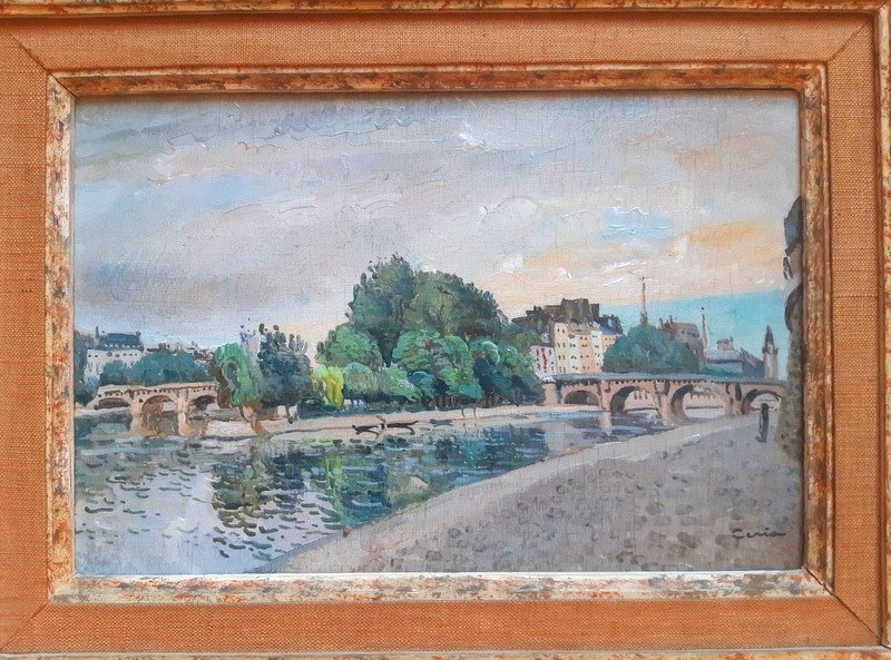 Edmond Ceria (1884 - 1955) Tableau Paris La Cité La Seine Peinture Huile Sur Panneau-photo-2
