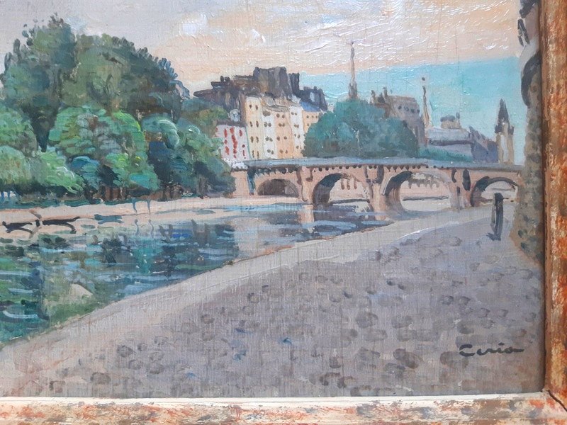 Edmond Ceria (1884 - 1955) Tableau Paris La Cité La Seine Peinture Huile Sur Panneau-photo-3