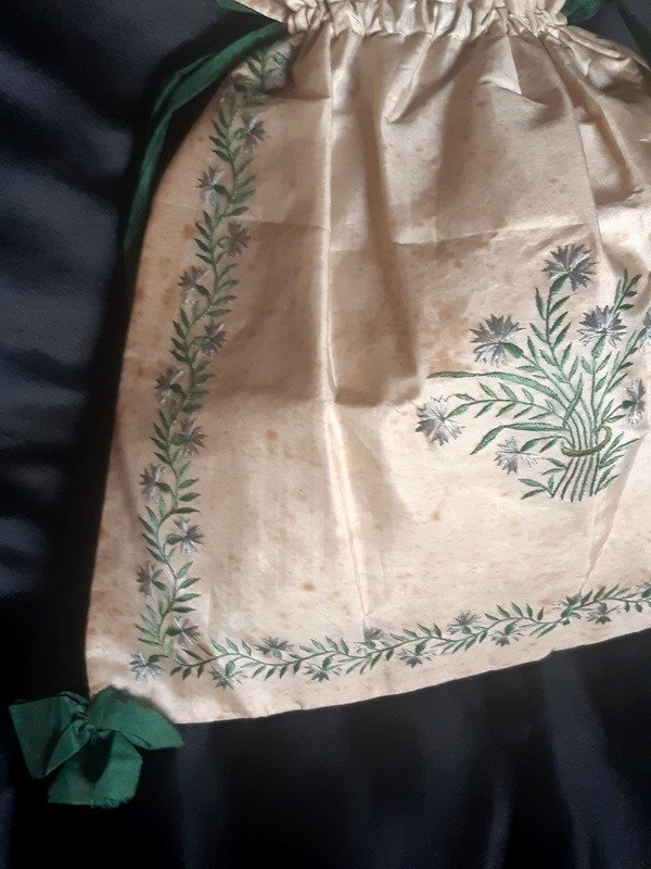 Joli Sac De Dame Réticule Bourse Aumônière En Soie Brodée De Bleuets époque Romantique XIXème S-photo-2