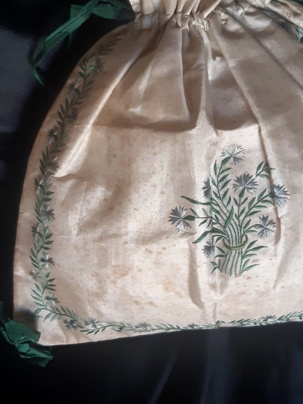 Joli Sac De Dame Réticule Bourse Aumônière En Soie Brodée De Bleuets époque Romantique XIXème S-photo-2