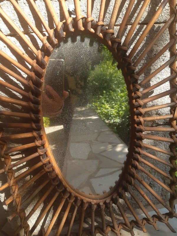 Pretty Mirror Radiating Sun Ice In Rattan XXth Century-photo-2