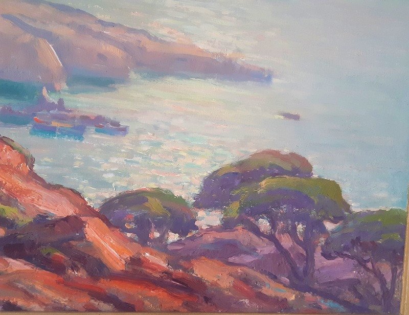 Primitif Bono (1880-1955) Magnifique Vue Plongeante Sur Le Massif De l'Esterel tableau peinture Bord De La Mer Méditerranée -photo-3