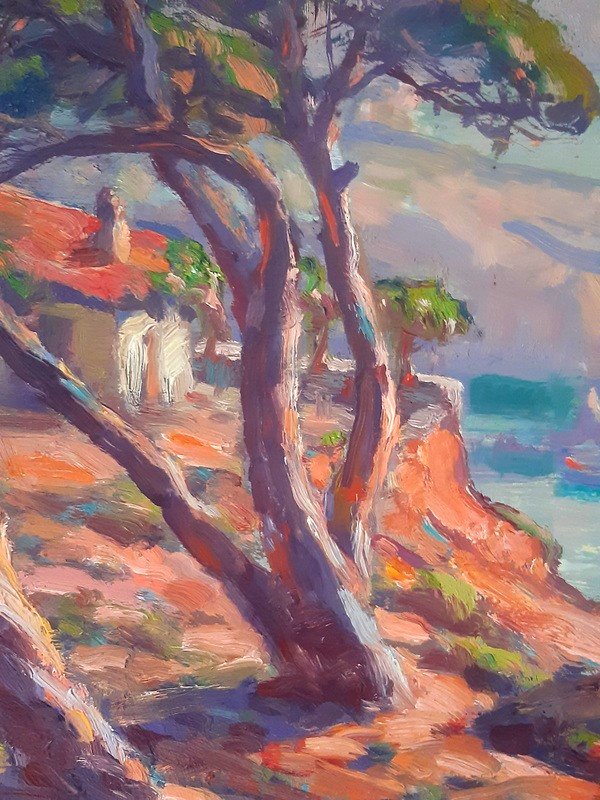 Primitif Bono (1880-1955) Magnifique Vue Plongeante Sur Le Massif De l'Esterel tableau peinture Bord De La Mer Méditerranée -photo-4