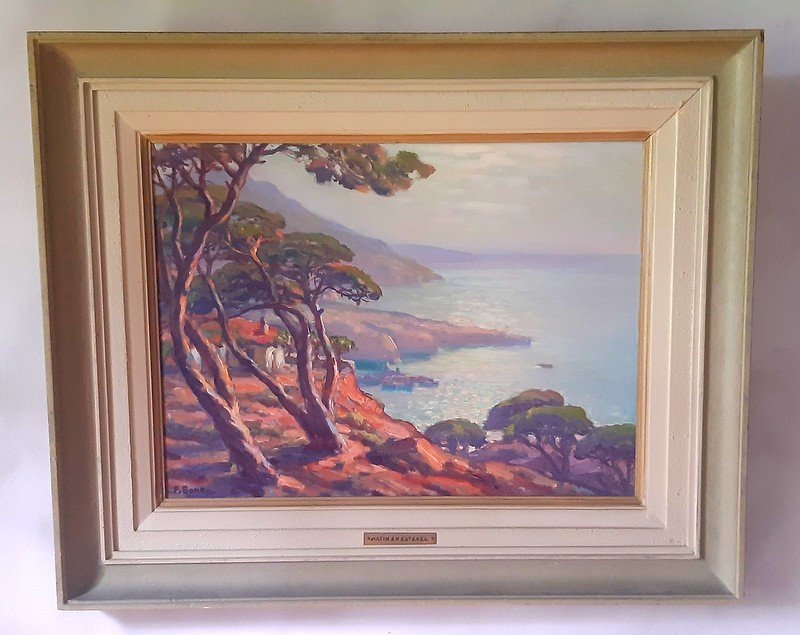 Primitif Bono (1880-1955) Magnifique Vue Plongeante Sur Le Massif De l'Esterel tableau peinture Bord De La Mer Méditerranée -photo-8