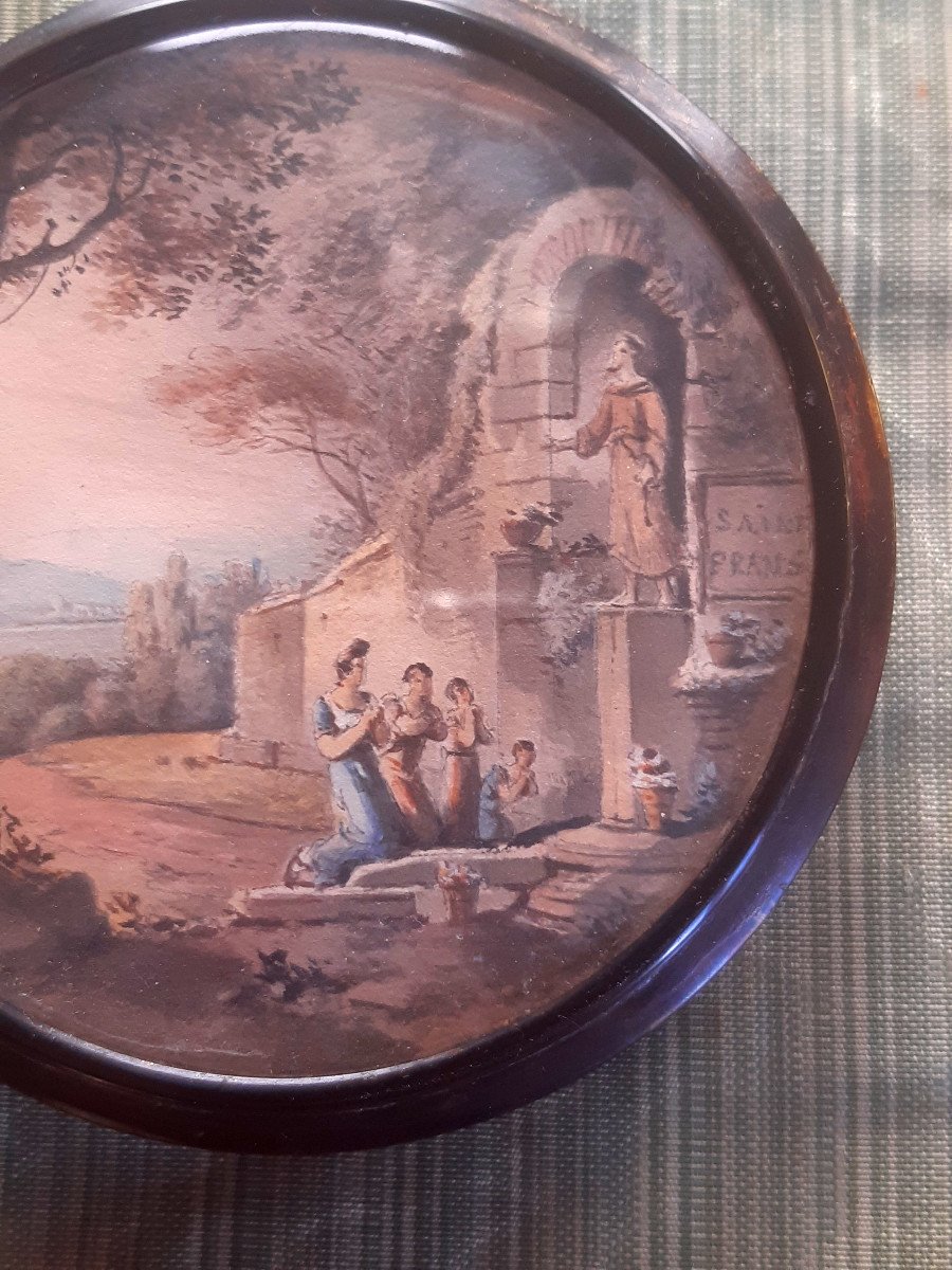 Tortoiseshell Snuff Box Decorated With A Watercolor Miniature On Pencil Lines In A Country With Trees-photo-2