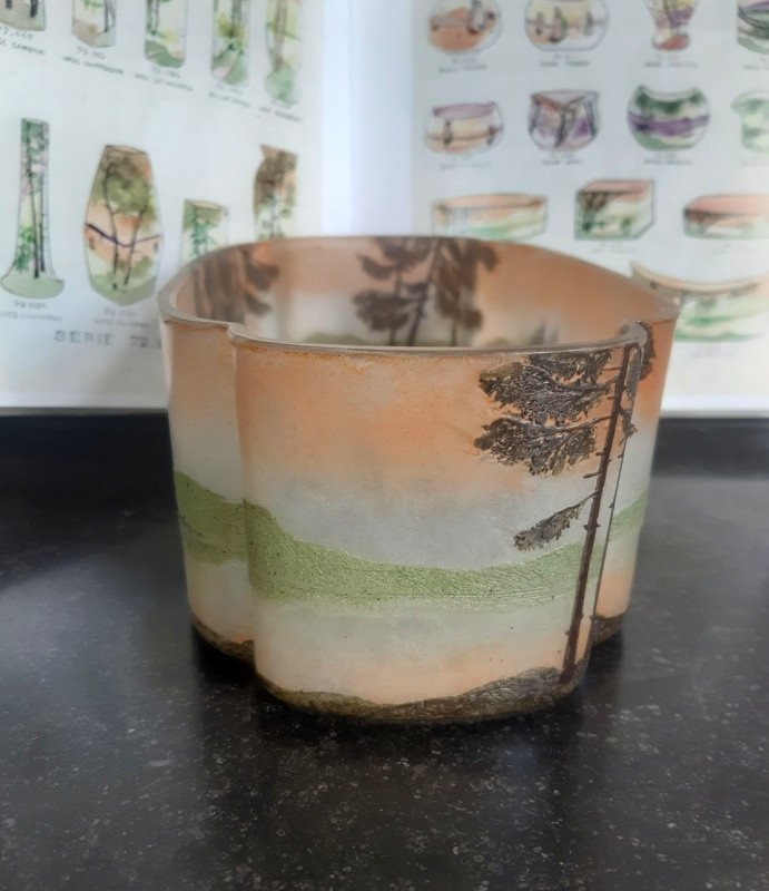 Legras Planter Phenicia Cup Glass Vosges Landscape Decor Acid Etched Art Nouveau Circa 1900-photo-3