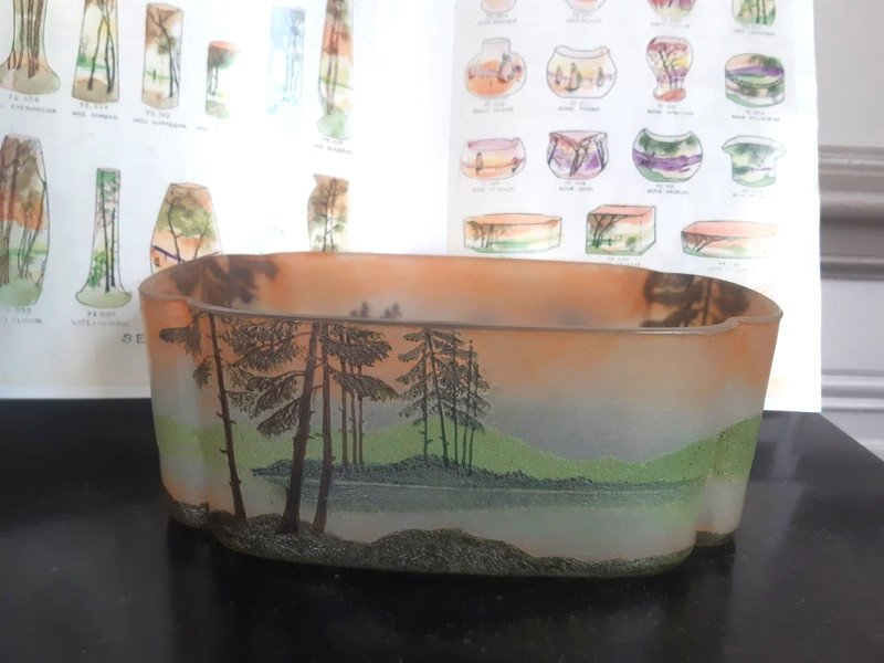 Legras Planter Phenicia Cup Glass Vosges Landscape Decor Acid Etched Art Nouveau Circa 1900