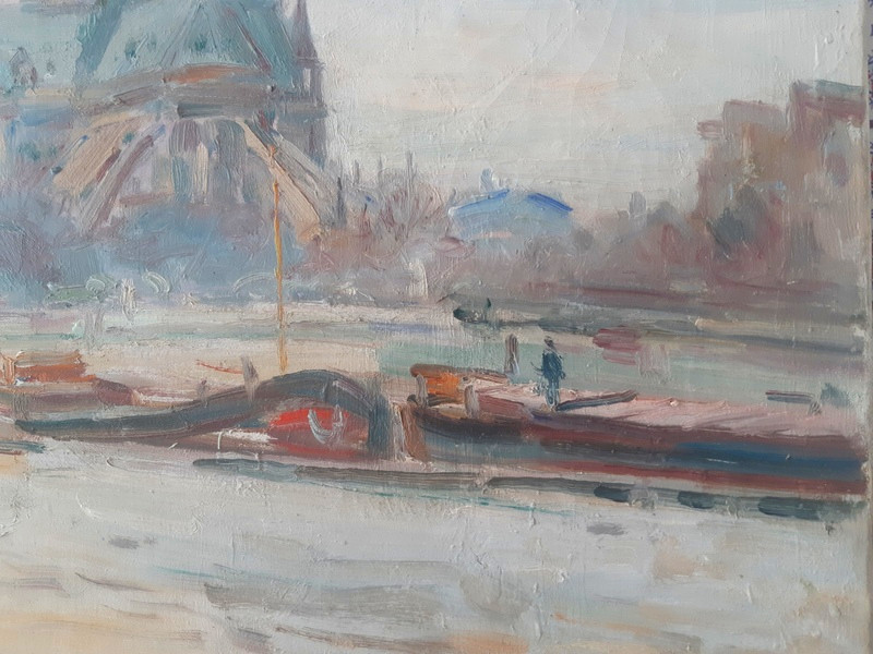 Gustave Madelain (1867-1944) Tableau Peinture Paris Les Péniches Le Quai De Montebello Et Le Chevet de Notre - Dame-photo-3