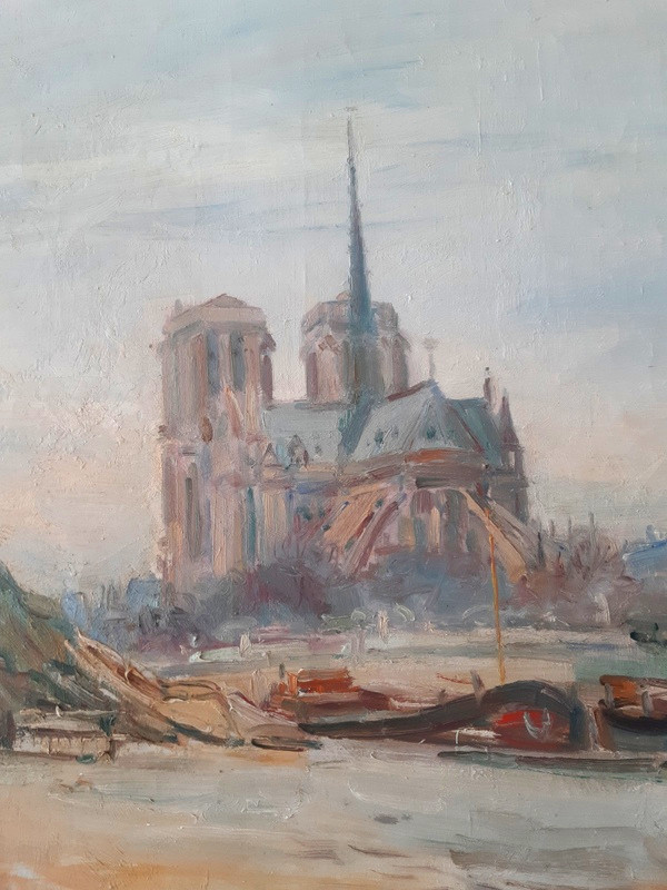 Gustave Madelain (1867-1944) Tableau Peinture Paris Les Péniches Le Quai De Montebello Et Le Chevet de Notre - Dame-photo-2