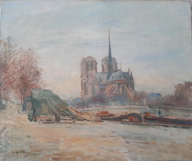 Gustave Madelain (1867-1944) Tableau Peinture Paris Les Péniches Le Quai De Montebello Et Le Chevet de Notre - Dame