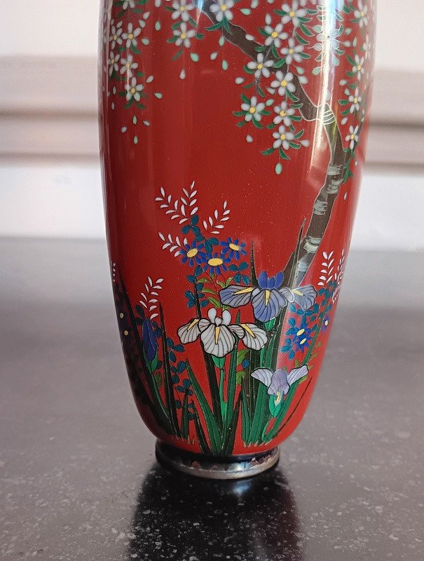 Superbe Vase En émaux Cloisonnés Argent Signé Japon Epoque Meiji (1868-1912)-photo-3