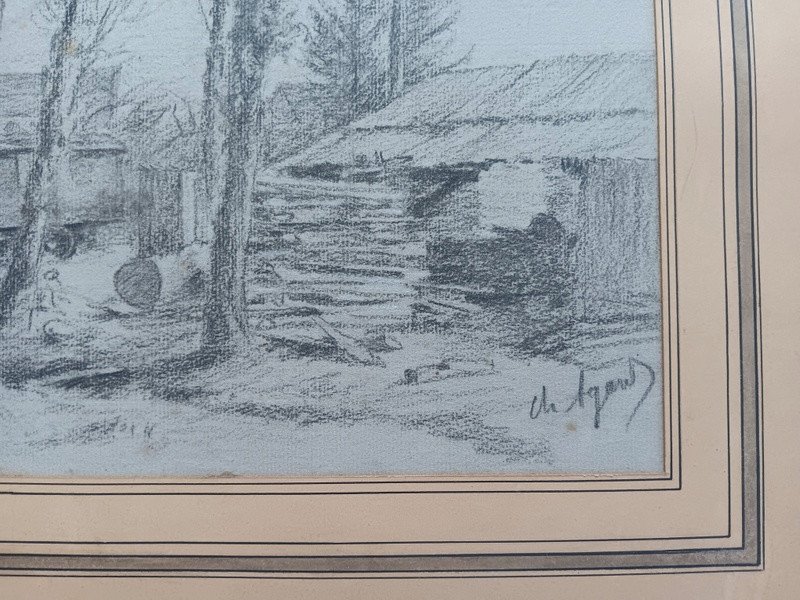 Charles Jean Agard (1866 - 1950) Charcoal Drawing "the Traveling Sawmill" Isle Adam-photo-3