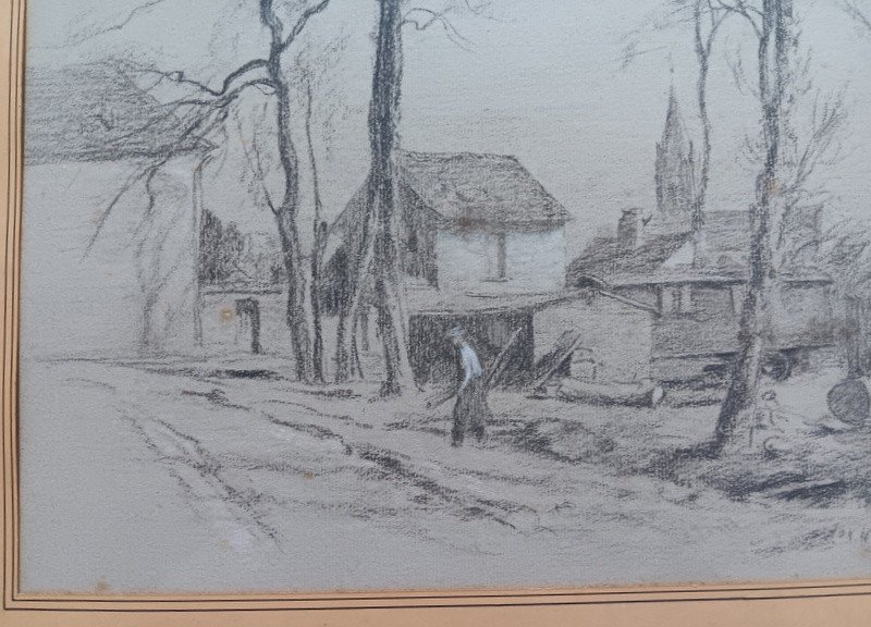 Charles Jean Agard (1866 - 1950) Dessin Au Fusain ou à la pierre noire sur papier et craie blanche " La Scierie Ambulante " l'Isle Adam-photo-4