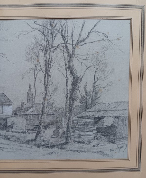 Charles Jean Agard (1866 - 1950) Charcoal Drawing "the Traveling Sawmill" Isle Adam-photo-1