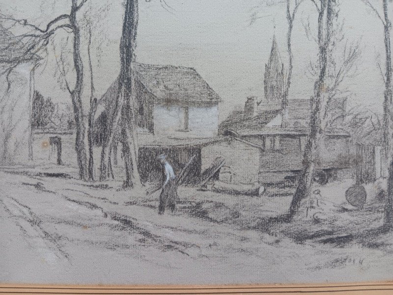 Charles Jean Agard (1866 - 1950) Dessin Au Fusain ou à la pierre noire sur papier et craie blanche " La Scierie Ambulante " l'Isle Adam-photo-3