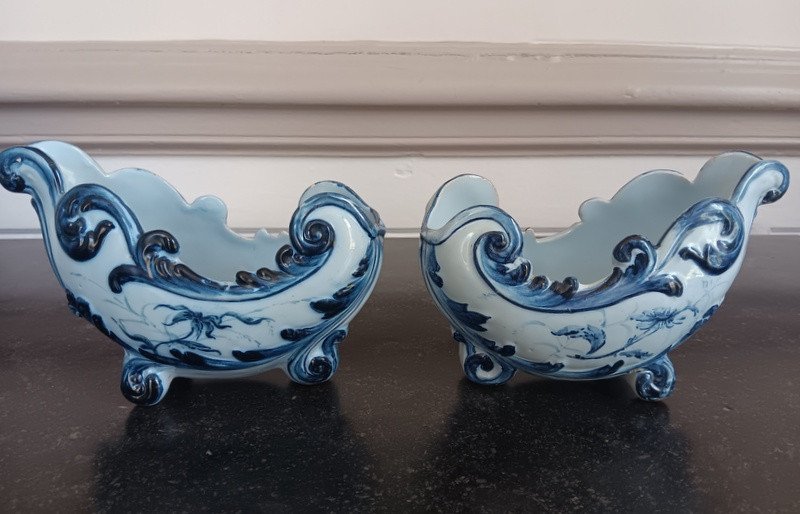 Emile Gallé (1846 - 1904) Pair Of Miniature Art Nouveau Planter Cups In Glazed Earthenware And Flowers-photo-2