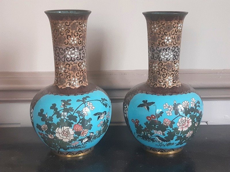 Superb Pair Of Cloisonne Enamel Vases Silver Japan Meiji Period (1868-1912)