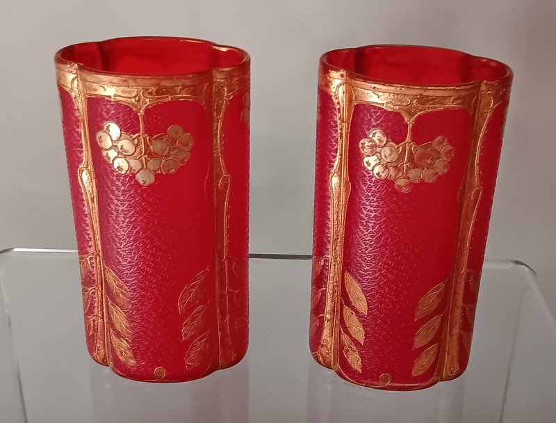 Legras Rare Paire De Vases Quadrilobés Décor Sorbier Or Référence "vase Phénicie" époque Art Nouveau era 1900