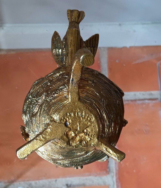 Charmant Baguier coupe à bijoux Oiseau Un Petit Moineau Et Son Nid En Bronze Doré Pour Bijoux Signé Marotte Art nouveau -photo-4