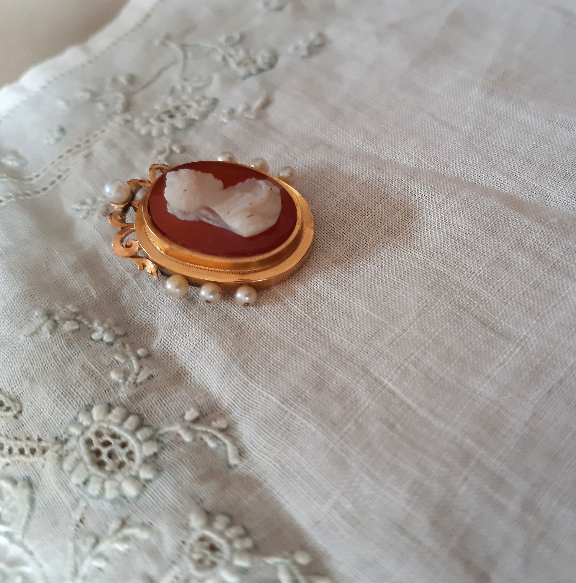 Medallion Brooch Cameo On Agate Gold 18 Carats And Pearls-photo-3