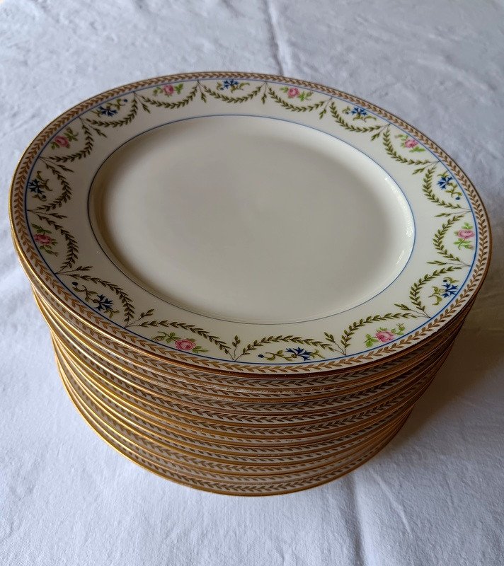 Splendid Suite Of 12 Plates In Limoges Porcelain Emile Bourgeois Paris Decor Of Roses, Laurel And Blueberry-photo-5
