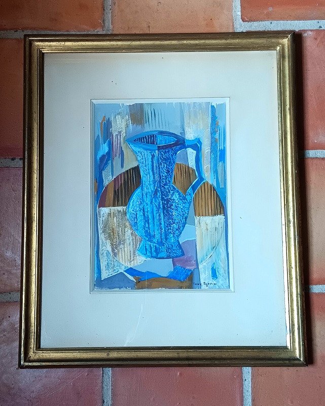 Tony Agostini (1916 -1990) Le Pichet Bleu Gouache Cubiste Art déco Galerie Charpentier Paris -photo-5