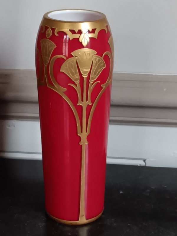 Vase Legras Signé L Et Cie St Denis Paris Rouge De Chine Et Or Décor De Lotus Art nouveau