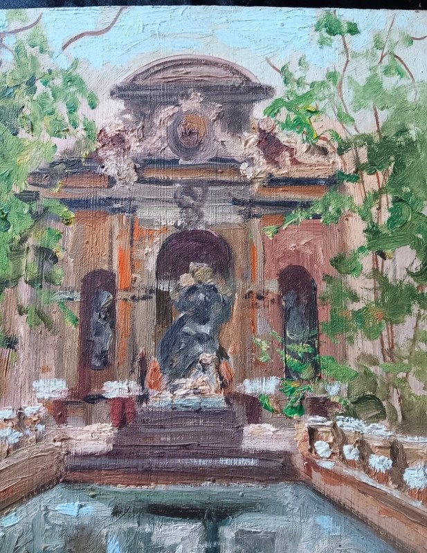 Deux Belles Vues De Paris Huiles Sur Panneau Tableau Peinture La Fontaine Médicis Jardin Du Luxembourg Et Le Panthéon -photo-3
