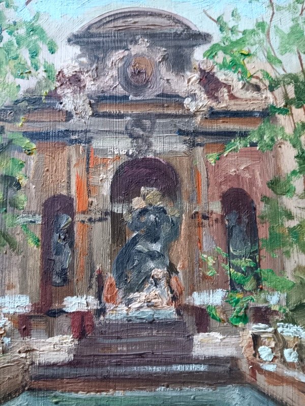 Deux Belles Vues De Paris Huiles Sur Panneau Tableau Peinture La Fontaine Médicis Jardin Du Luxembourg Et Le Panthéon -photo-2