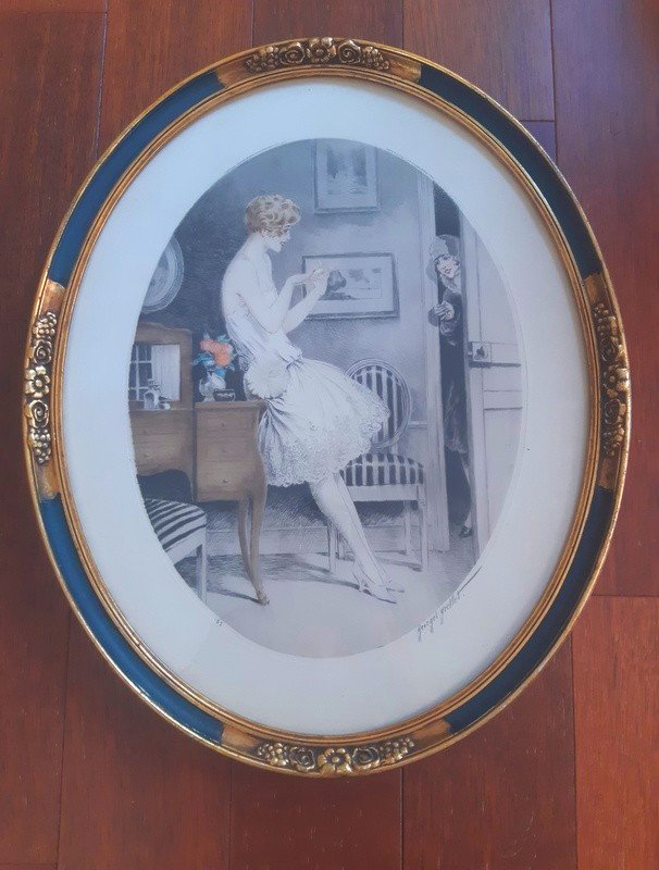 Georges Grellet (1869-1959) Elegant Young People Two Etchings Modern Art Déco Print Years 1920 Era Louis Icard