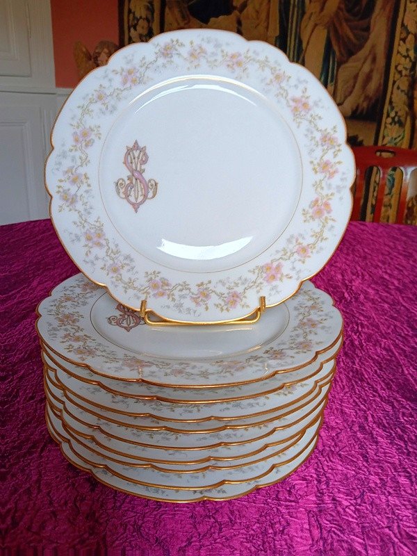 Elégante Suite De 6 Assiettes Plates 24 Cm En Porcelaine service Hache à Vierzon Limoges Art Nouveau fleurs-photo-4