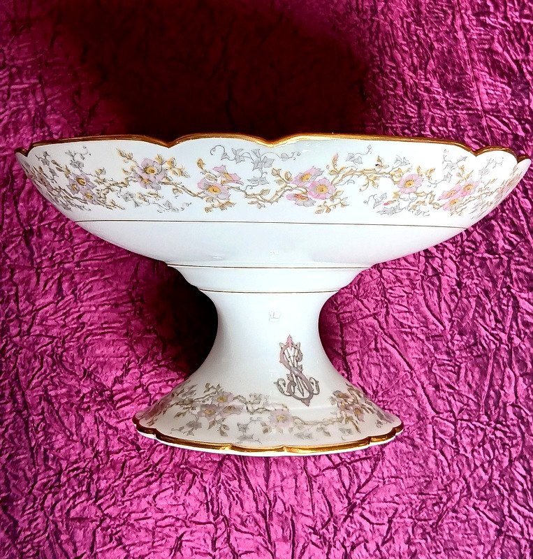 Compotier Drageoir Cutting Scalloped Edge Porcelain Hache In Vierzon Limoges Art Nouveau Flowers-photo-4