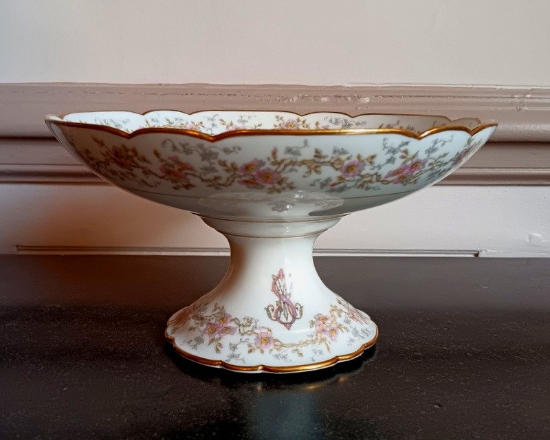 Compotier Drageoir Cutting Scalloped Edge Porcelain Hache In Vierzon Limoges Art Nouveau Flowers-photo-2