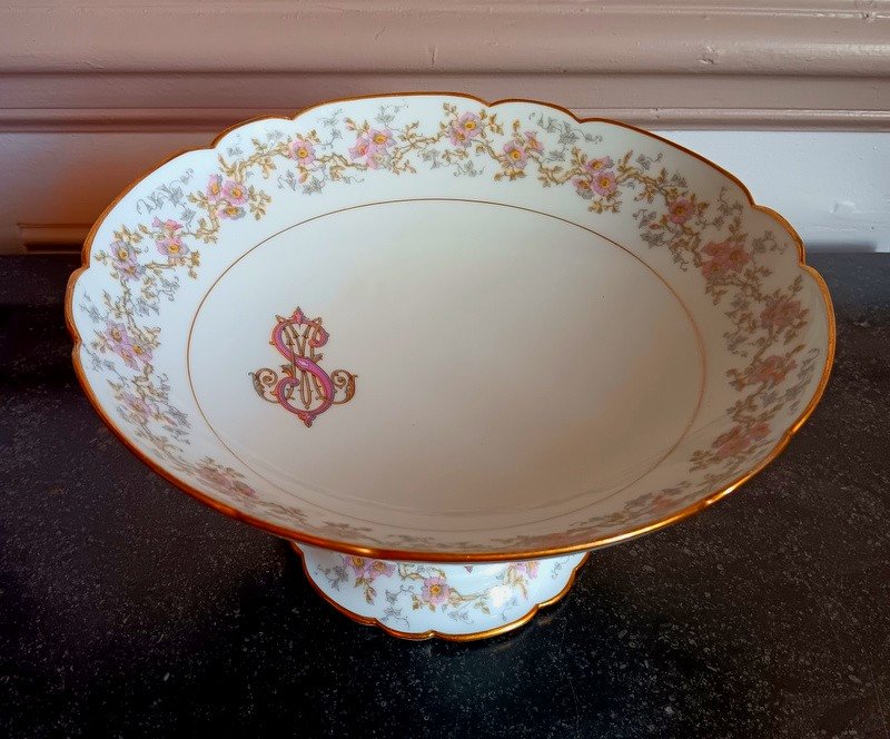 Compotier Drageoir Cutting Scalloped Edge Porcelain Hache In Vierzon Limoges Art Nouveau Flowers-photo-3