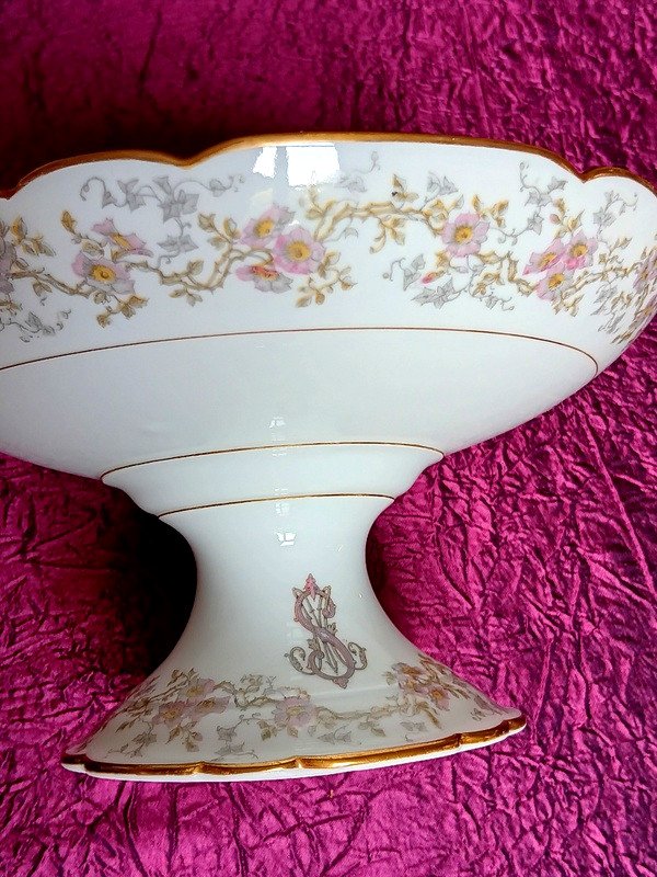 Compotier Drageoir Cutting Scalloped Edge Porcelain Hache In Vierzon Limoges Art Nouveau Flowers-photo-1