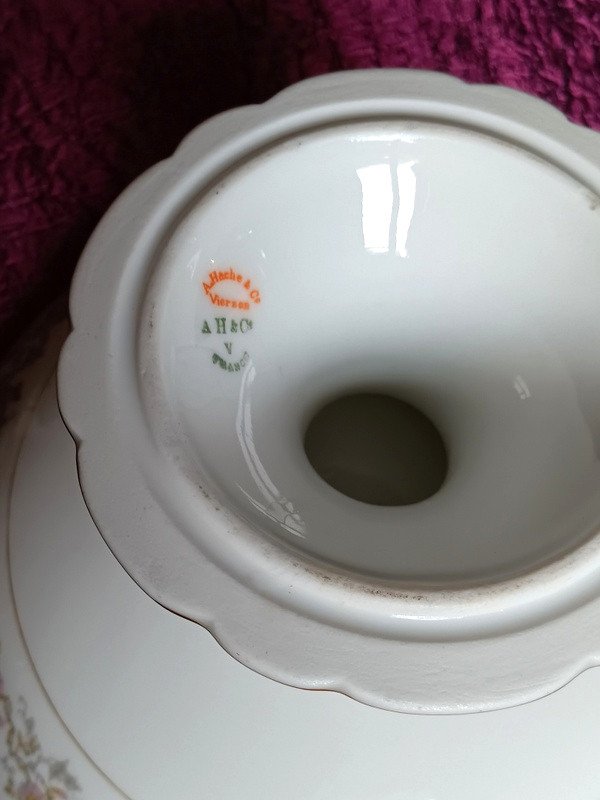 Compotier Drageoir Cutting Scalloped Edge Porcelain Hache In Vierzon Limoges Art Nouveau Flowers-photo-3